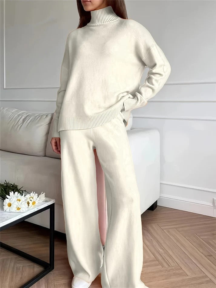 Women's Casual Solid Color Turtleneck Sweater and Knitted Pants Outfit Set – Ideal for Winter and Fall